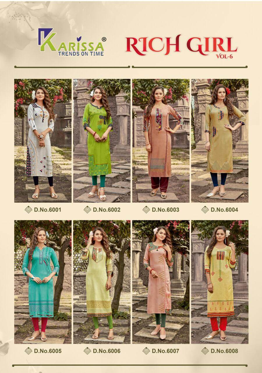 Karissa Rich Girl 6 Ethnic Wear Rayon Designer Long Kurti Collection
